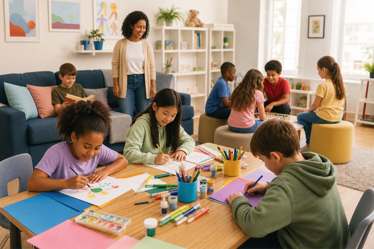 Children enjoying supervised indoor activities and crafts in a structured care setting