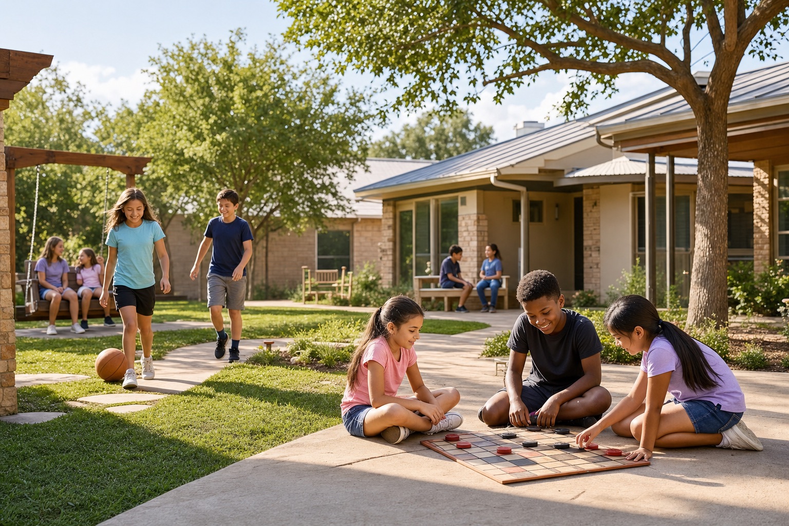 Happy children playing safely in an outdoor courtyard at a care facility