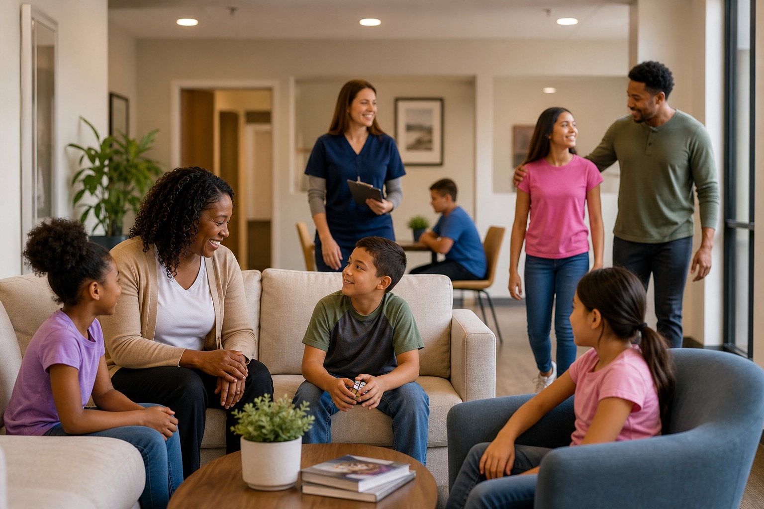 Compassionate care providers supporting children in a warm residential treatment setting